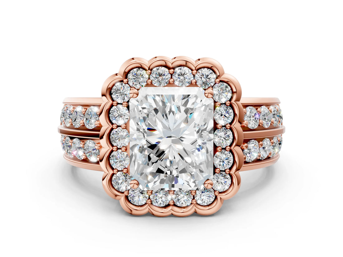 Rose gold Radiant Cut Halo Diamond Split Shank Ring with Scalloped Prong Setting_7