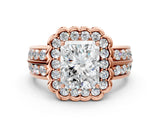 Rose gold Radiant Cut Halo Diamond Split Shank Ring with Scalloped Prong Setting_7