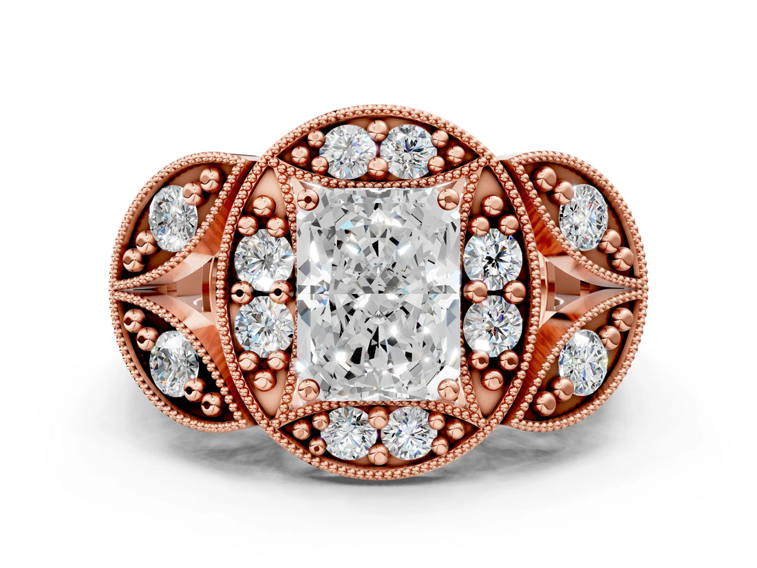 Rose gold Radiant Cut Halo Milgrain Diamond Engagement Ring with Leaf Band and Four-Prong Setting_3