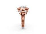 Rose gold Radiant Cut Halo Milgrain Diamond Engagement Ring with Leaf Band and Four-Prong Setting_5