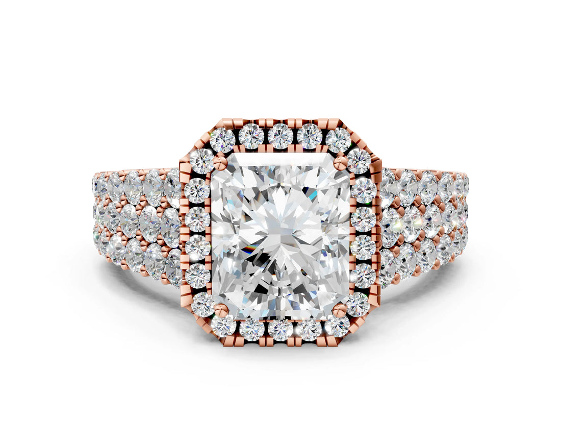 Rose gold Radiant Cut Halo Pavé Diamond Engagement Ring with Split Shank and Four-Prong Setting_3
