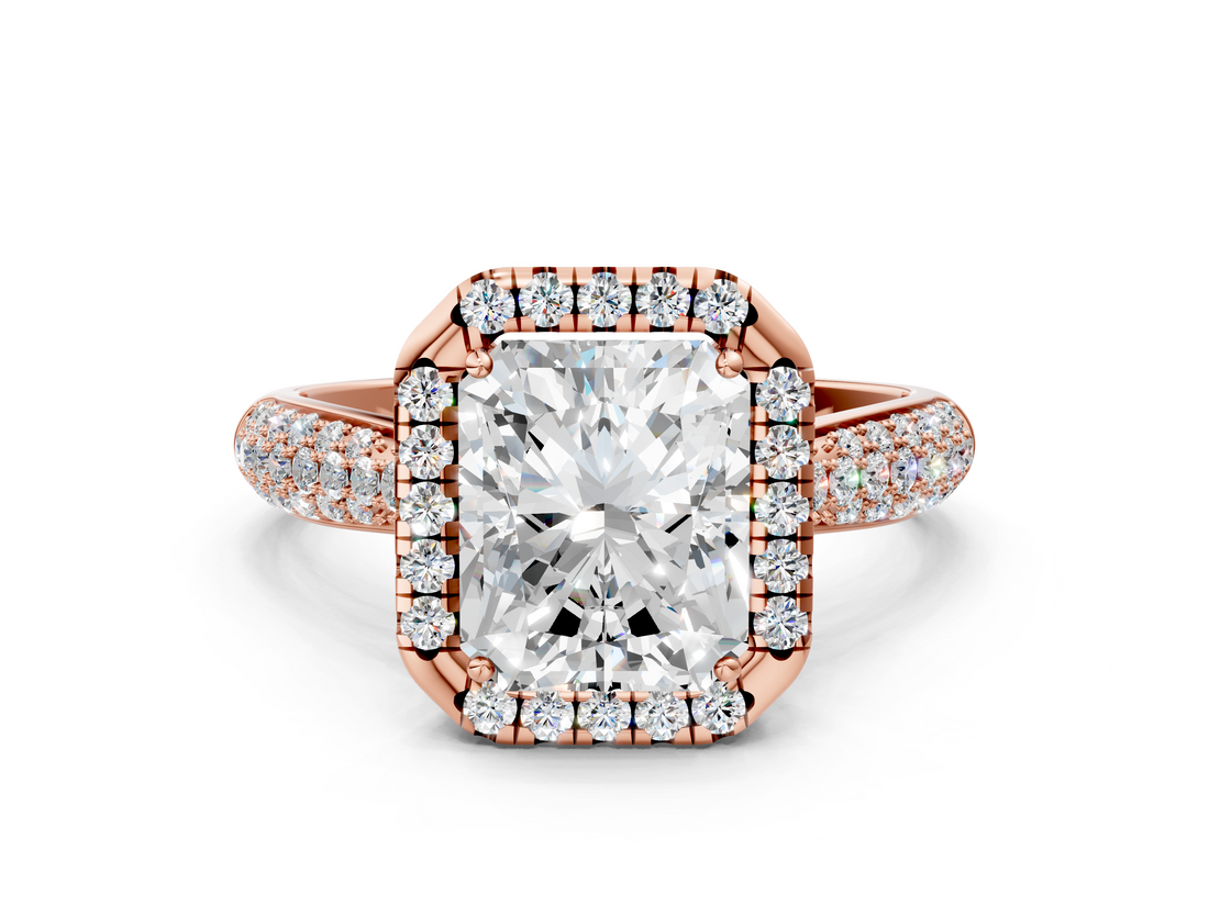 Rose gold Radiant Cut Halo Pave Band Four-Prong Setting Ring_20
