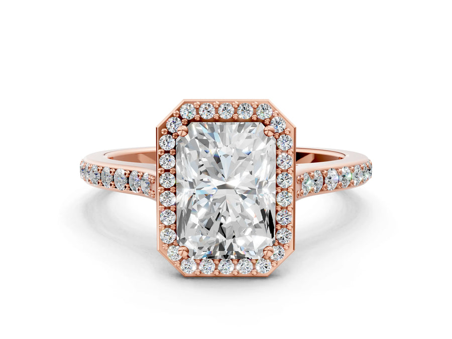 Rose gold Radiant Cut Halo Round Diamond Pavé Band with Four-Prong Setting