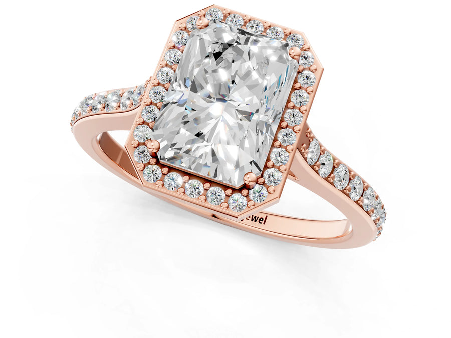 Rose gold Radiant Cut Halo Round Diamond Pavé Band with Four-Prong Setting