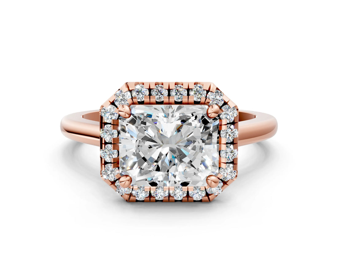 Rose gold Radiant Cut Halo Round Diamond Solitaire Engagement Ring with Pave Band and Four-Prong Setting_19