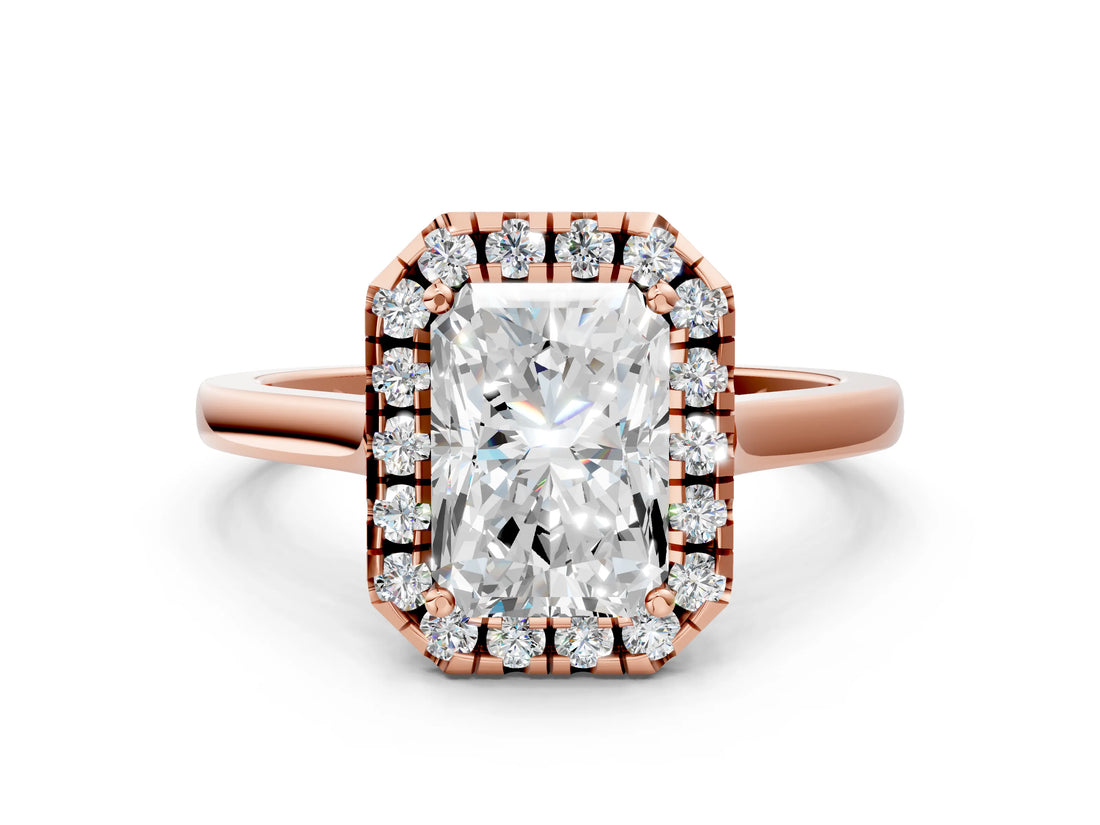 Rose gold Radiant Cut Halo Round Diamond Solitaire Ring with Pavé Band and Four-Prong Setting