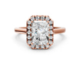 Rose gold Radiant Cut Halo Round Diamond Solitaire Ring with Pavé Band and Four-Prong Setting