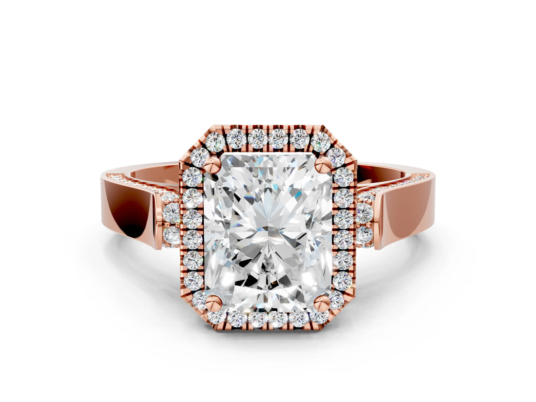 Rose gold Radiant Cut Halo Round Diamond Twist Band with Four-Prong Setting_15