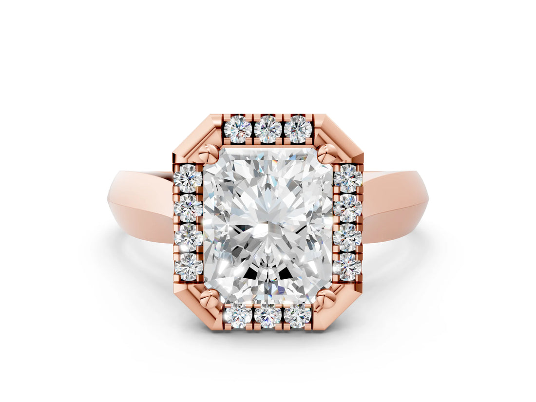 Rose gold Radiant Cut Halo Solitaire Engagement Ring with Square Band and Four-Prong Setting_12