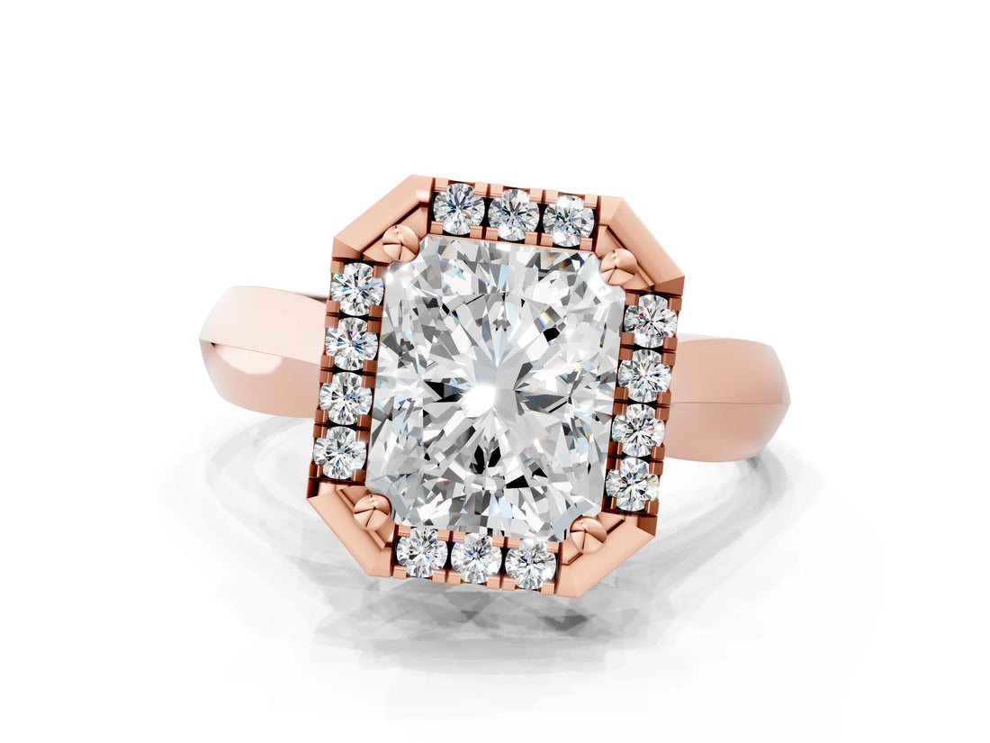 Rose gold Radiant Cut Halo Solitaire Engagement Ring with Square Band and Four-Prong Setting_153