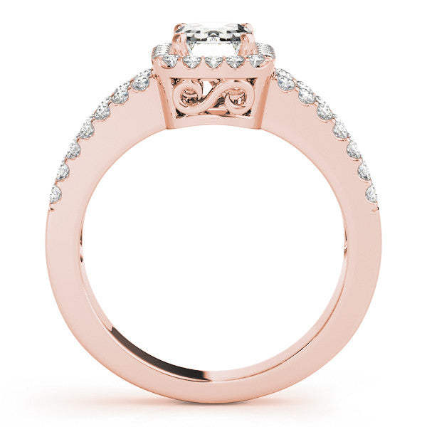 Rose gold Radiant Cut Halo Split Shank Diamond Ring with Four-Prong Setting