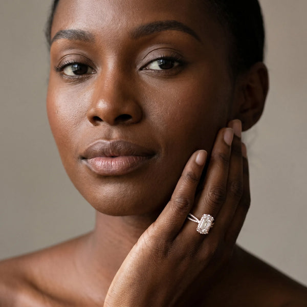 Rose gold Radiant Cut Halo Split Shank Ring with Prong Setting