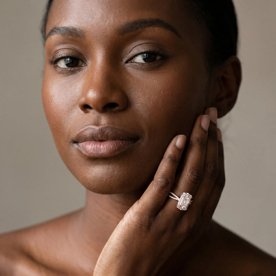 Rose gold Radiant Cut Halo Split Shank Ring with Prong Setting