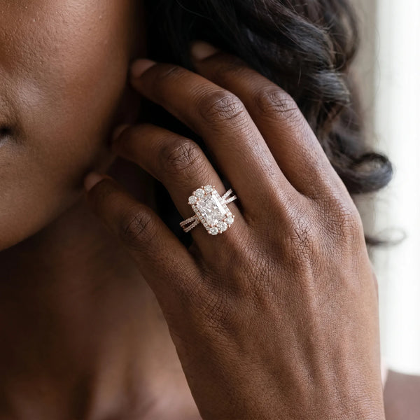 Rose gold Radiant Cut Halo Split Shank Ring with Prong Setting