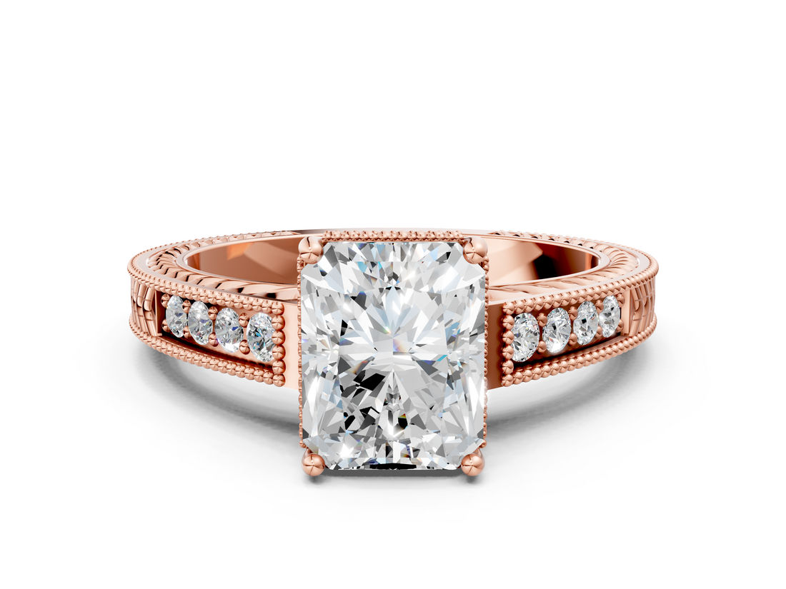 Rose gold Radiant Cut Milgrain Channel Set Engagement Ring with Solitaire Prong Setting_56