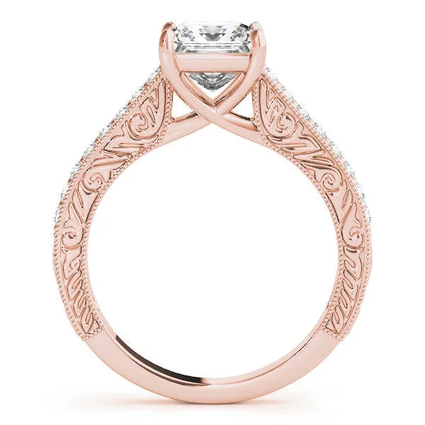 Rose gold Radiant Cut Pave Band Milgrain Solitaire Ring