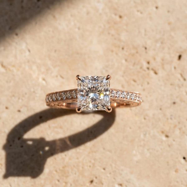 Rose gold Radiant Cut Pave Band Milgrain Solitaire Ring