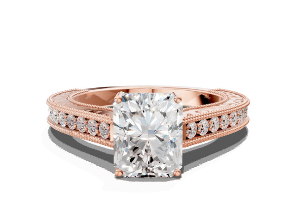Rose gold Radiant Cut Pave Band Milgrain Solitaire Ring
