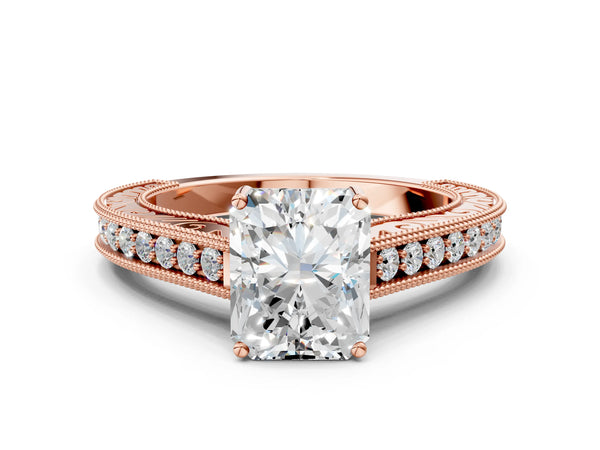 Rose gold Radiant Cut Pave Band Milgrain Solitaire Ring