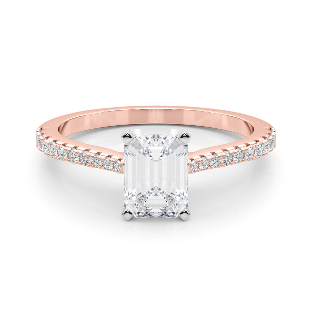Rose gold Radiant Cut Solitaire Diamond Engagement Ring with Pave Band and Four-Prong Setting