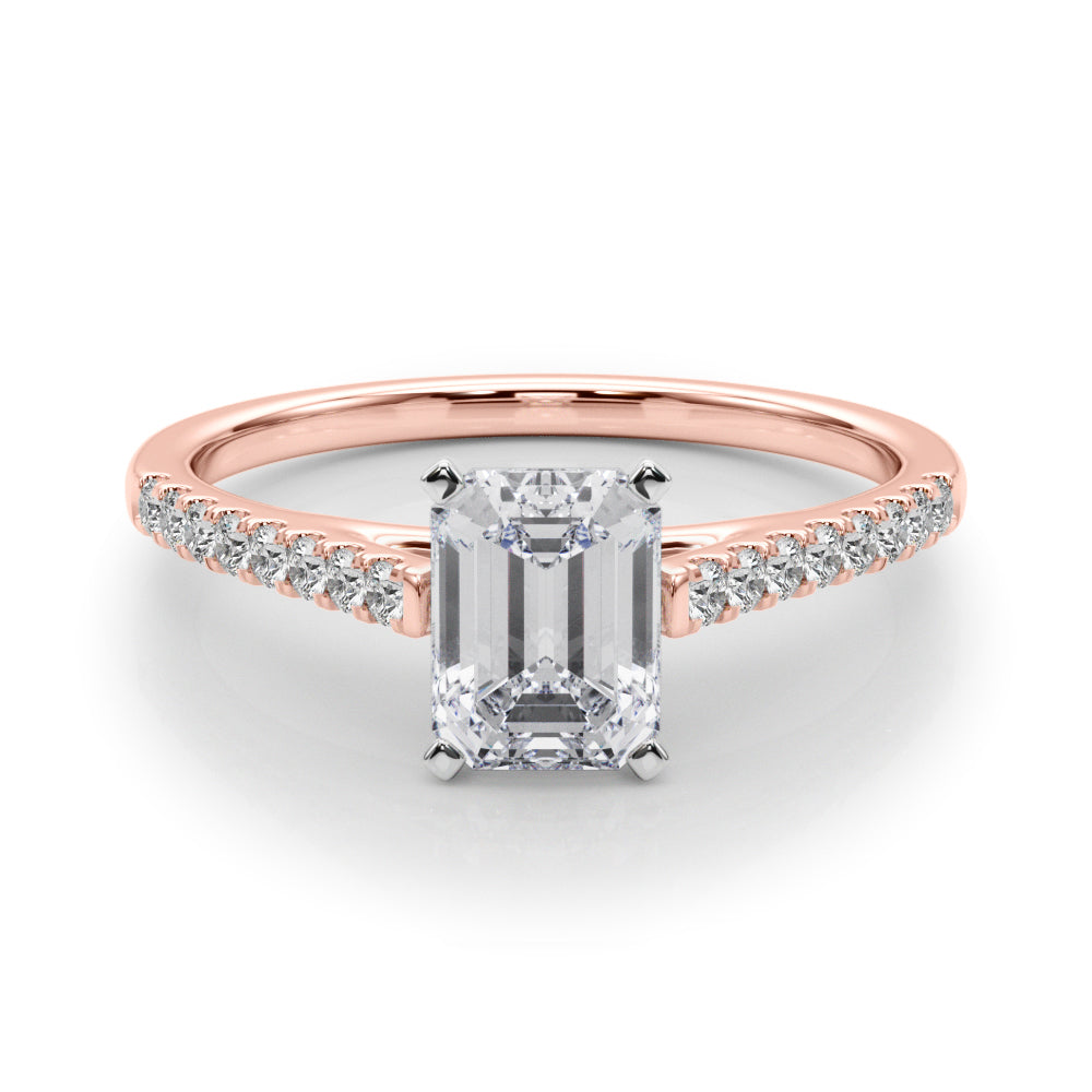 Rose gold Radiant Cut Solitaire Diamond Ring with Pave Band and Four-Prong Setting