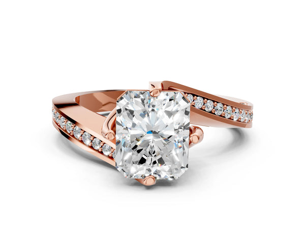 Rose Gold Radiant Cut Bypass Solitaire Engagement Ring Setting with Swirl Pave Band