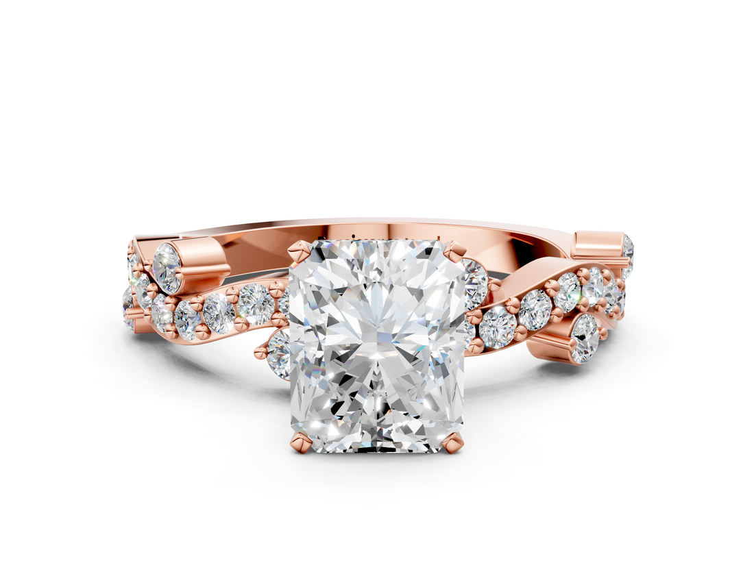 Rose gold Radiant Cut Solitaire Diamond Twisted Band with Pave Setting_66