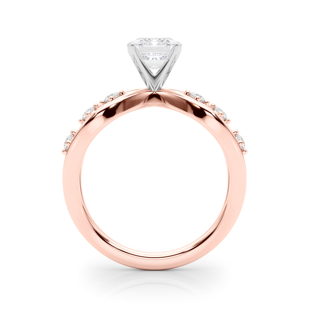 Rose gold Radiant Cut Solitaire Diamond with Side Stones on Criss-Cross Band and Four-Prong Setting 1