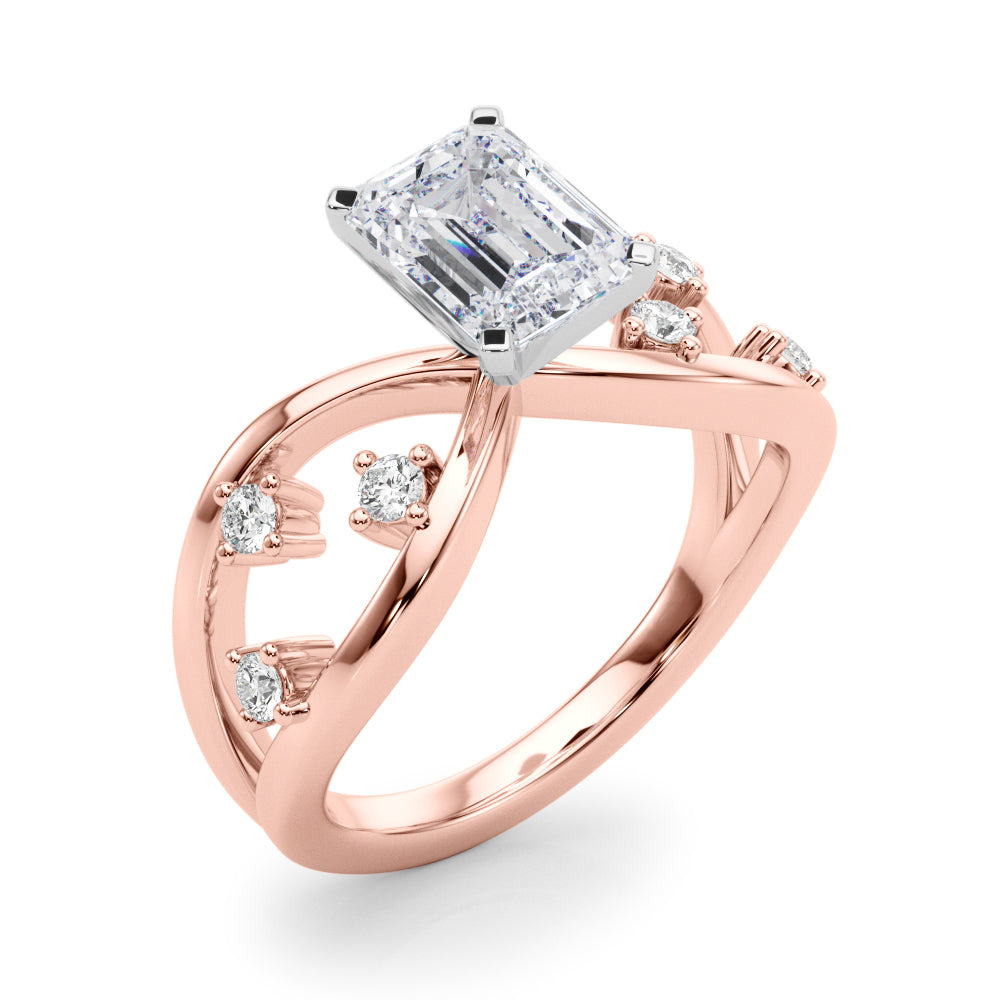 Rose gold Radiant Cut Solitaire Diamond with Side Stones on Criss-Cross Band and Four-Prong Setting