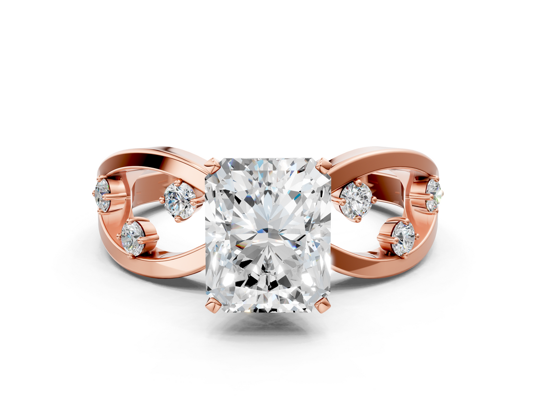Rose gold Radiant Cut Solitaire Diamond with Side Stones on Criss-Cross Band and Four-Prong Setting_17