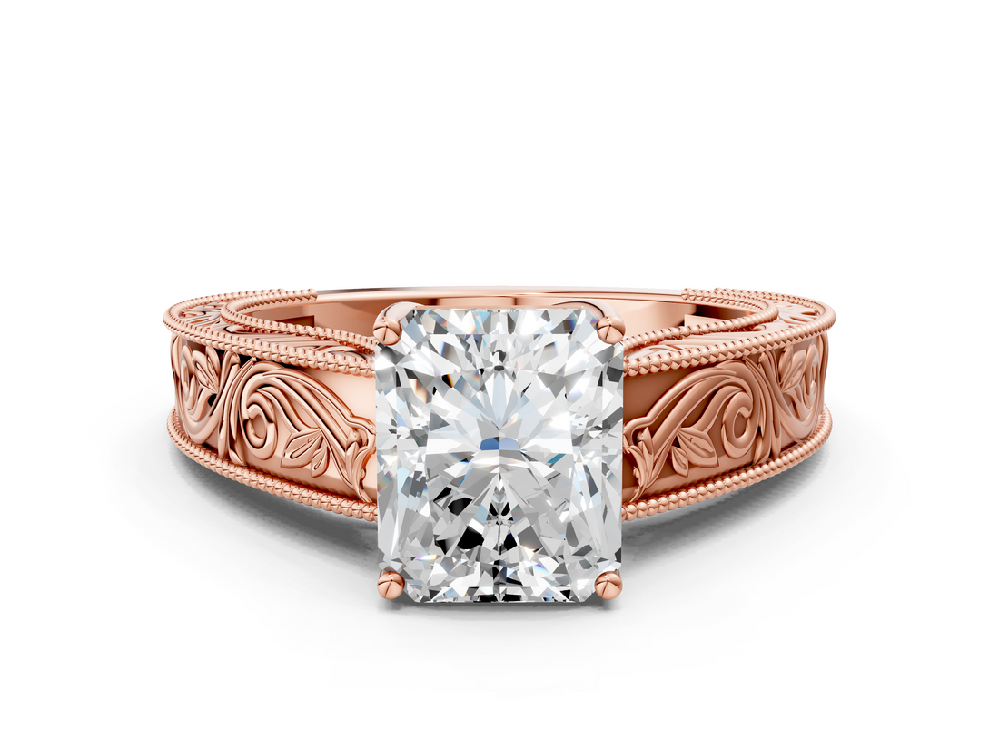 Rose gold Radiant Cut Solitaire Engraved Band with Four-Prong Setting_62