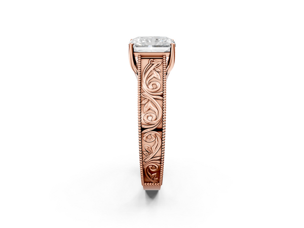 Rose Gold Radiant Cut Vintage Solitaire Engagement Ring Setting with Leaf Scroll Engraved Band