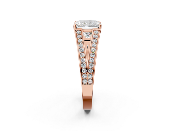 Rose Gold Radiant Cut Split Shank Engagement Ring Setting with Pave Band and Engraved Sides