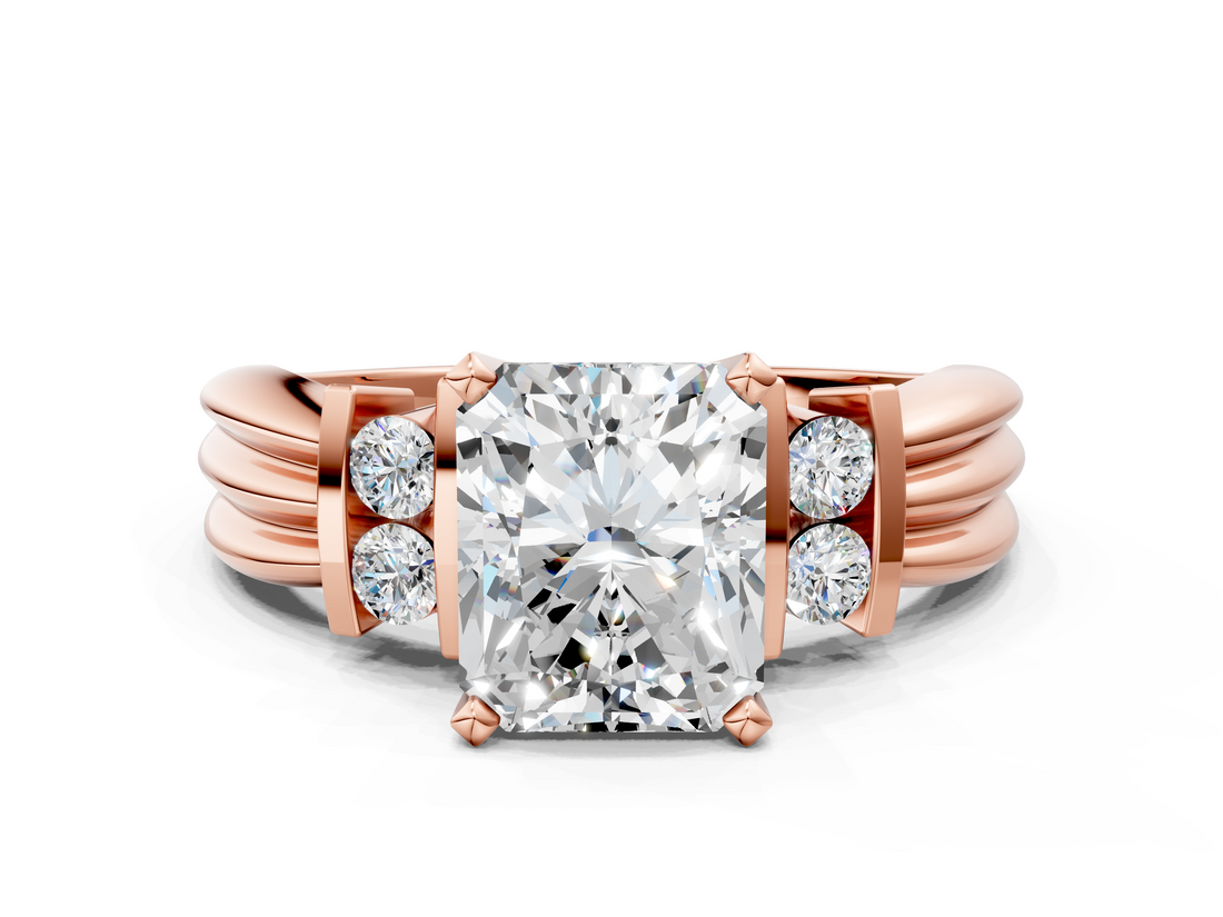 Rose gold Radiant Cut Three-Stone Channel Set Ring with Bar Prongs_61