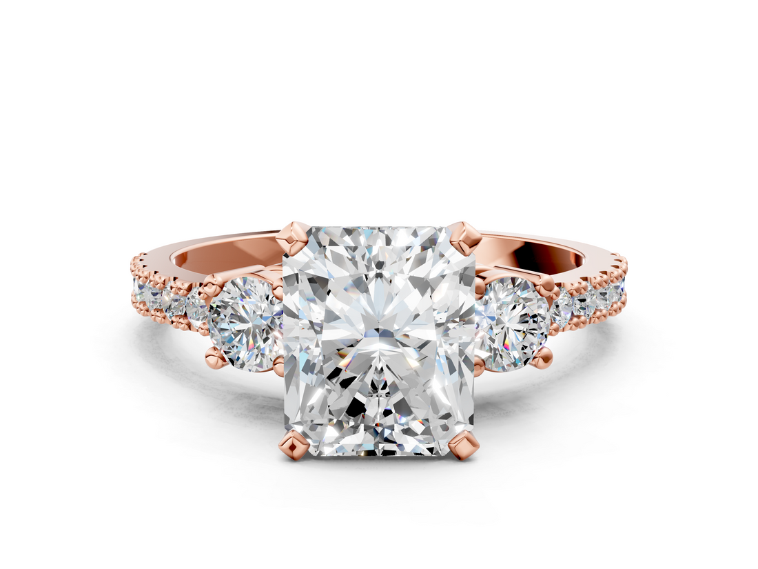Rose gold Radiant Cut Three-Stone Diamond Pavé Band with Prong Setting_23