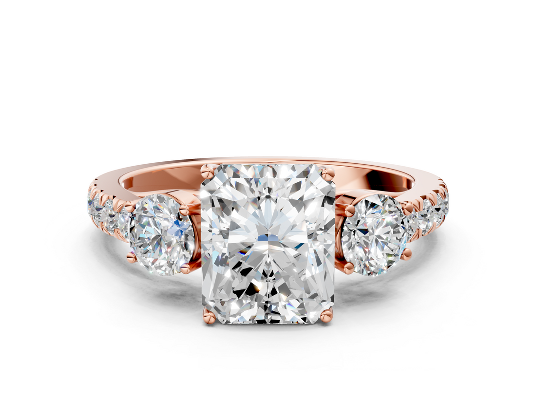 Rose gold Radiant Cut Three-Stone Diamond Pave Band with Prong Setting_85