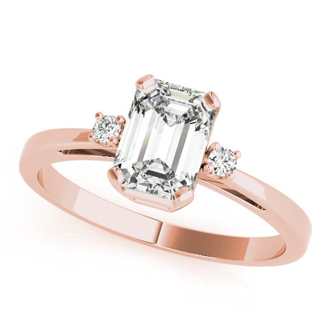 Rose gold Radiant Cut Three-Stone Solitaire Ring with Round Accent Diamonds and Four-Prong Setting 1