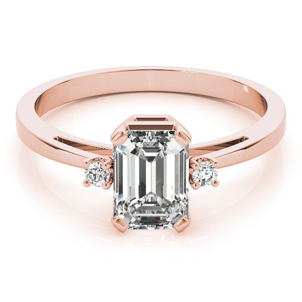 Rose gold Radiant Cut Three-Stone Solitaire Ring with Round Accent Diamonds and Four-Prong Setting 2