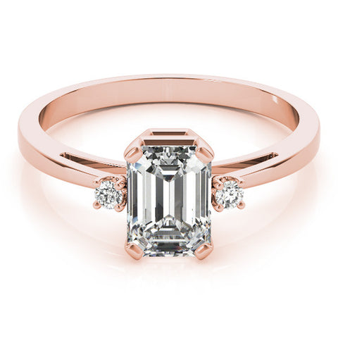 Rose gold Radiant Cut Three-Stone Solitaire Ring with Round Accent Diamonds and Four-Prong Setting 2