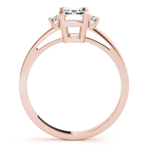 Rose gold Radiant Cut Three-Stone Solitaire Ring with Round Accent Diamonds and Four-Prong Setting