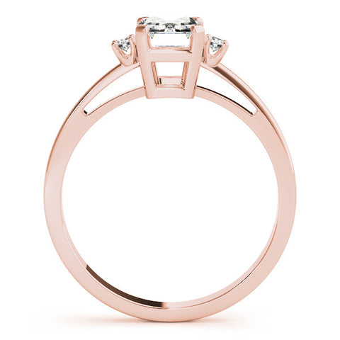Rose gold Radiant Cut Three-Stone Solitaire Ring with Round Accent Diamonds and Four-Prong Setting