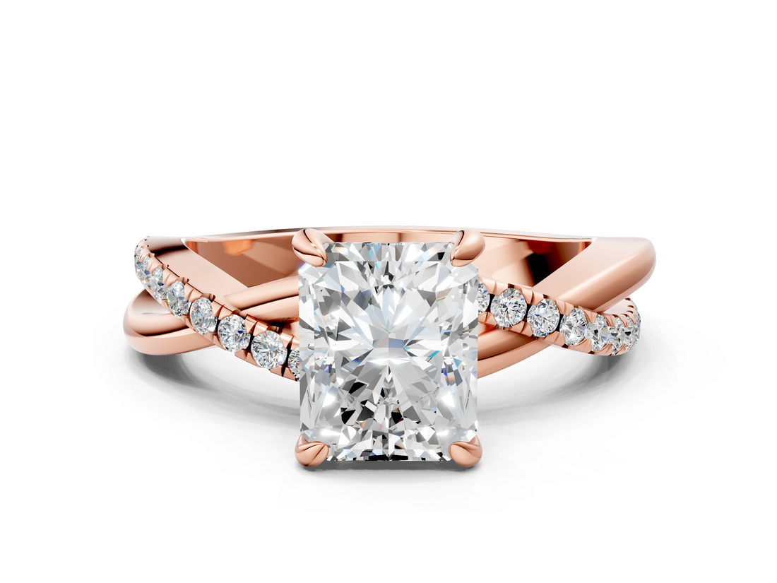 Rose gold Radiant Cut Twist Band Solitaire Diamond Ring with Pavé Setting_15