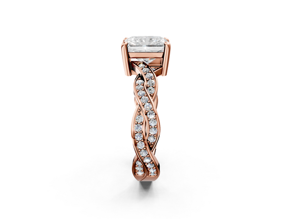 Rose gold Radiant Cut Twisted Pavé Band Solitaire Ring with Four-Prong Setting