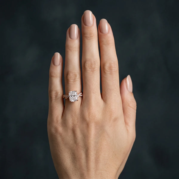 Rose gold Radiant Cut Twisted Pavé Band Solitaire Ring with Four-Prong Setting