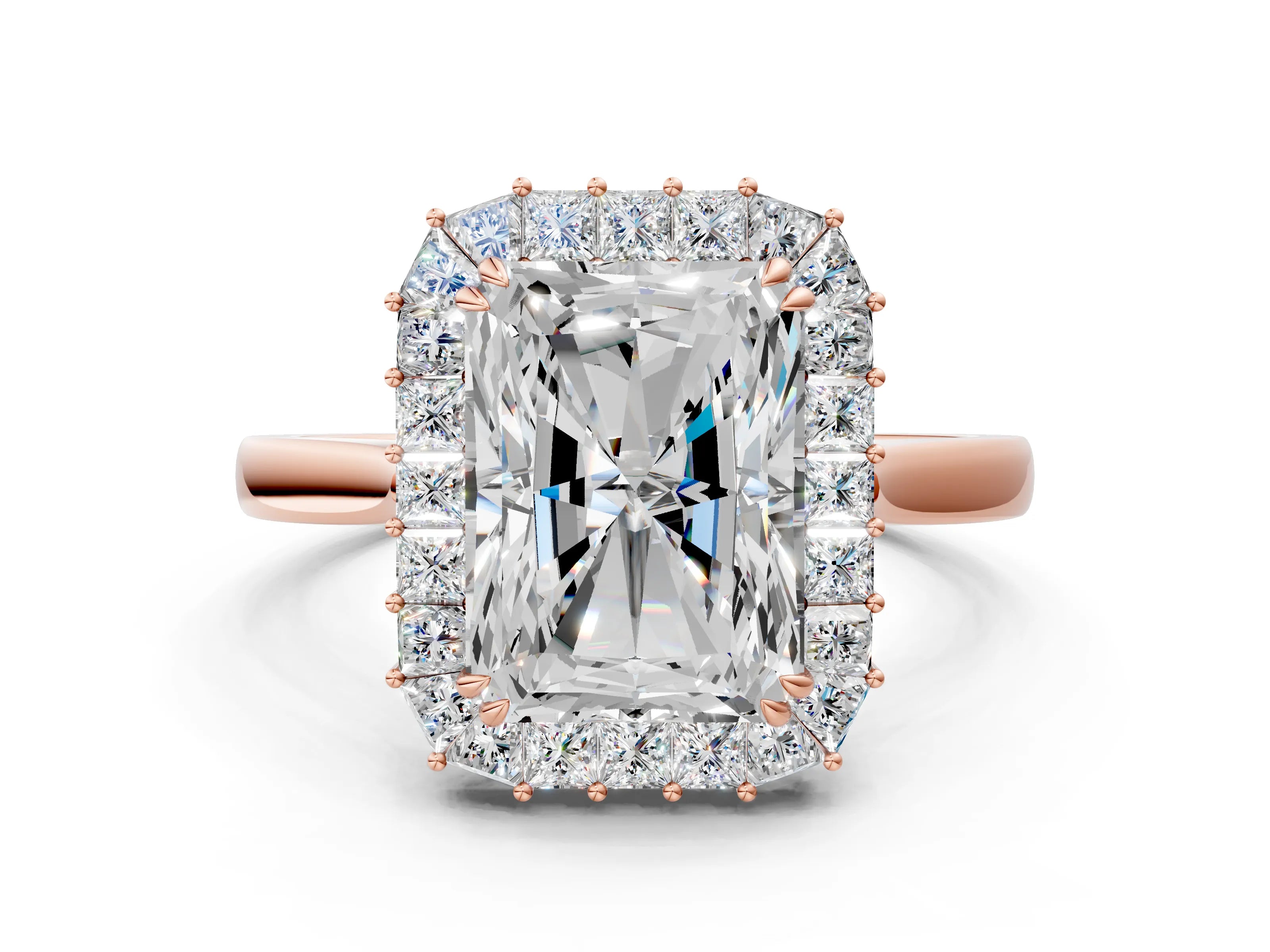 Rose gold Radiant Diamond Baguette Halo Engagement Ring