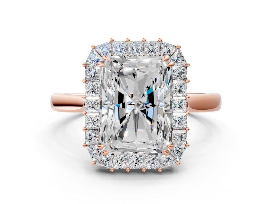 Rose gold Radiant Diamond Baguette Halo Engagement Ring