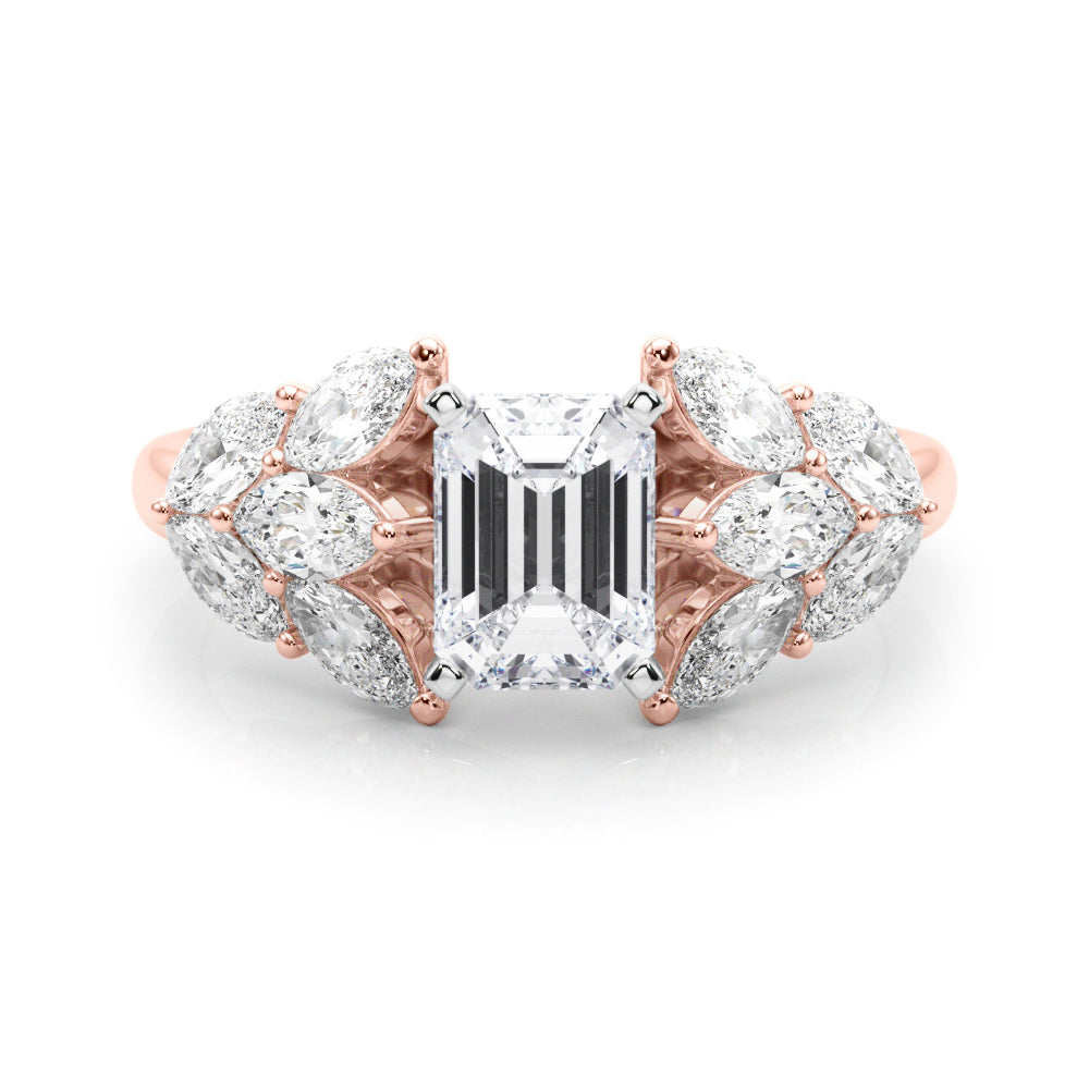 Rose gold Radiant Diamond Cluster Leaf Design Ring with Prong Setting
