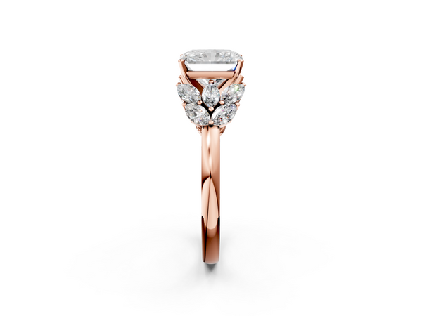 Rose Gold Radiant Cut Cluster Leaf Engagement Ring Setting with Marquise Accents