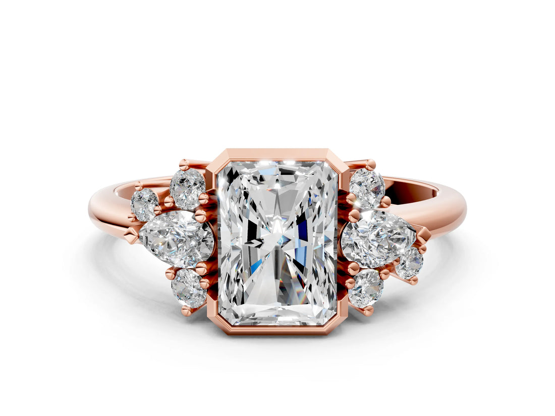 Rose gold Radiant Diamond Engagement Ring with Pear and Round Side Stones