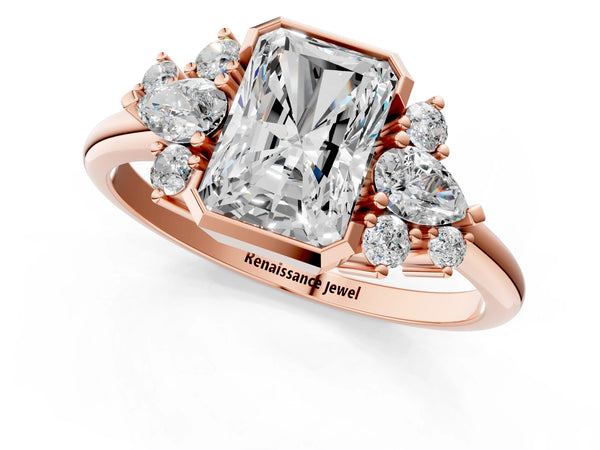 Rose Gold Radiant Cut Bezel Engagement Ring Setting with Pear and Round Side Stone Clusters